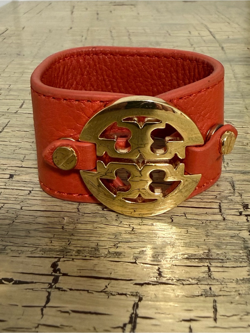 Tory Burch Orange Leather Logo Cuff Bracelet with Gold-Tone Emblem